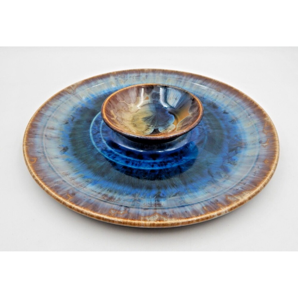 Bill Campbell Art Pottery Flambeaux Crystalline Glaze 13" Chip Dip Platter 2 PC